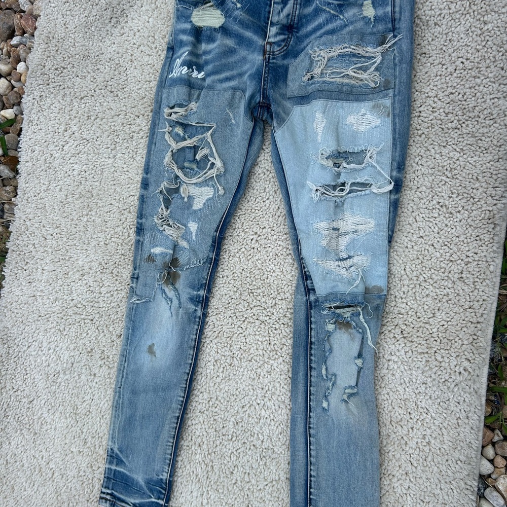 Amiri Distressed Flannel Patched Plaid Blue Jeans Size 33